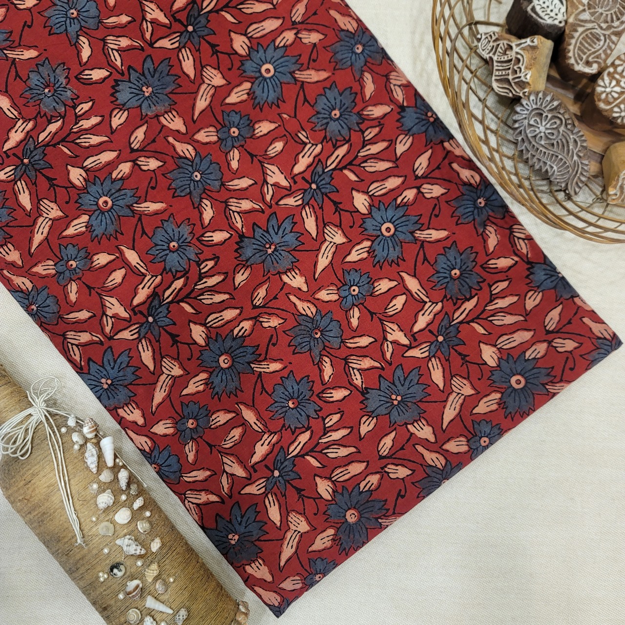 Pure Cotton Hand Block Ajrakh Printed Fabric - Floral - Red