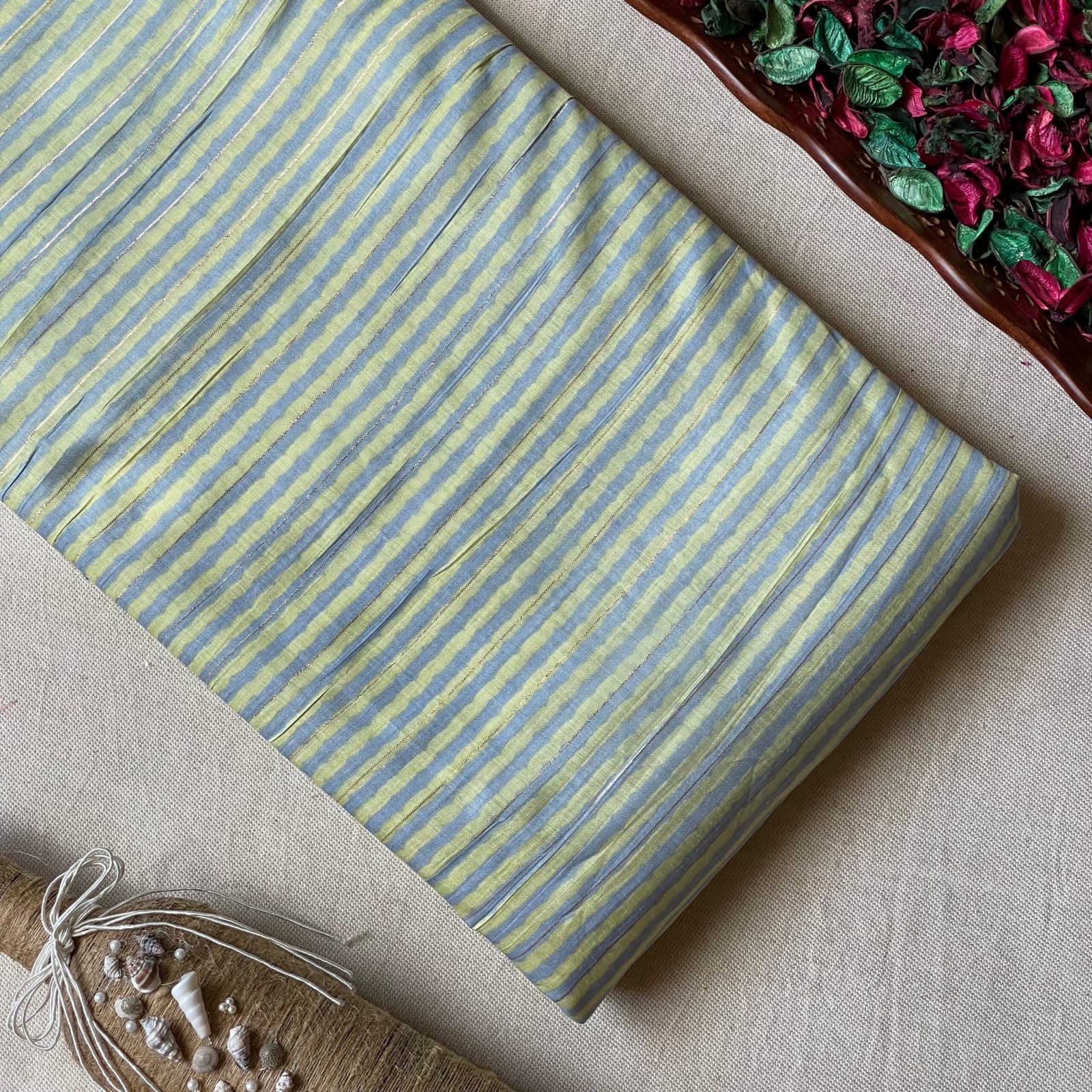 Pure Muslin Printed Fabric with Lurex Line - Lemon/Grey - Stripes