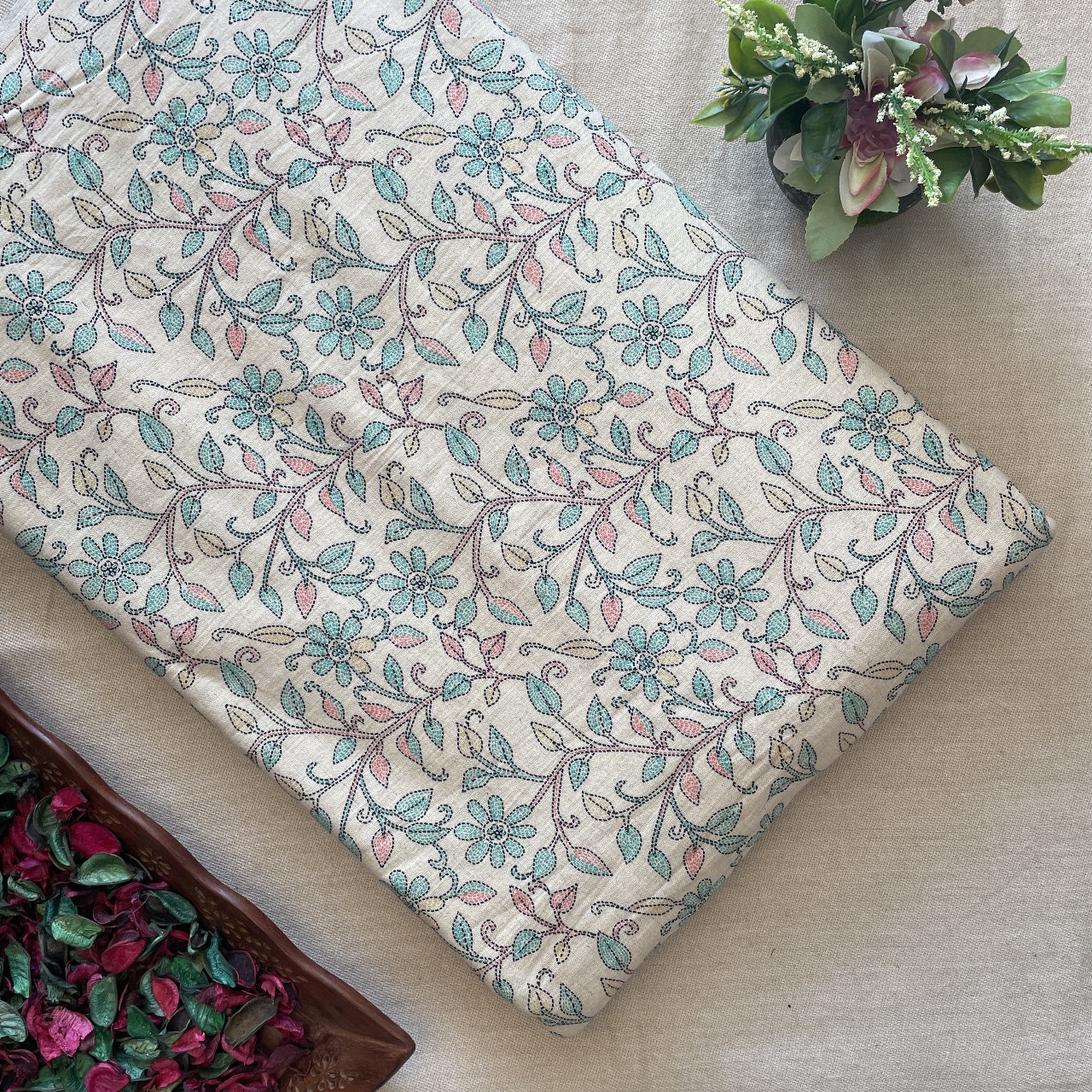 Khadi Cotton Printed Fabric - Cream - Leaves (Veli)