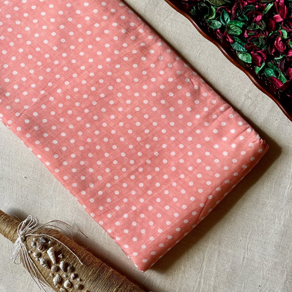 Pure Muslin Printed Fabric – Peach – Polka Dots