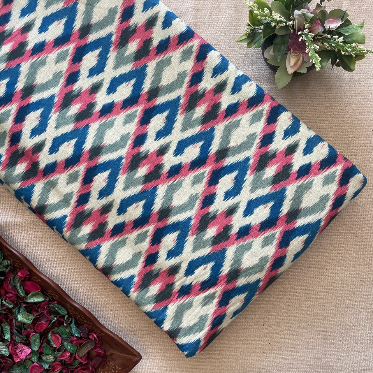 Khadi Cotton Printed Fabric - Ikat - Blue/Pink/Green