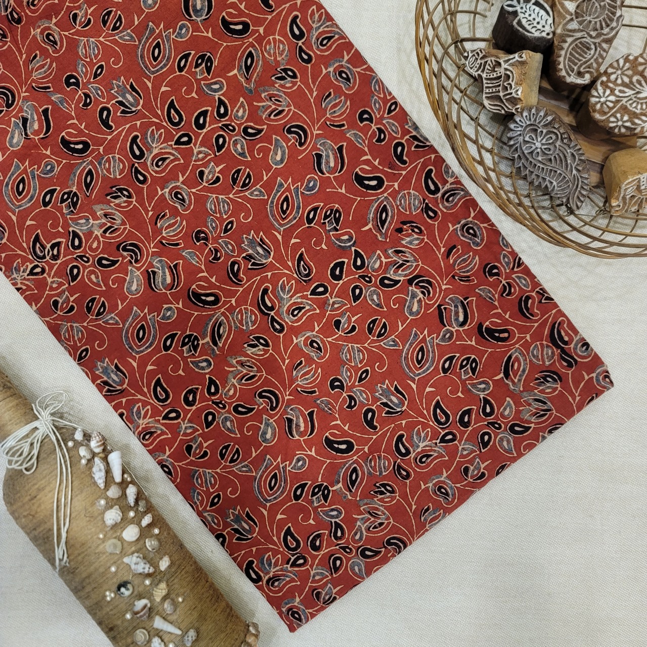 Pure Cotton Hand Block Ajrakh Printed Fabric - Veli - Red