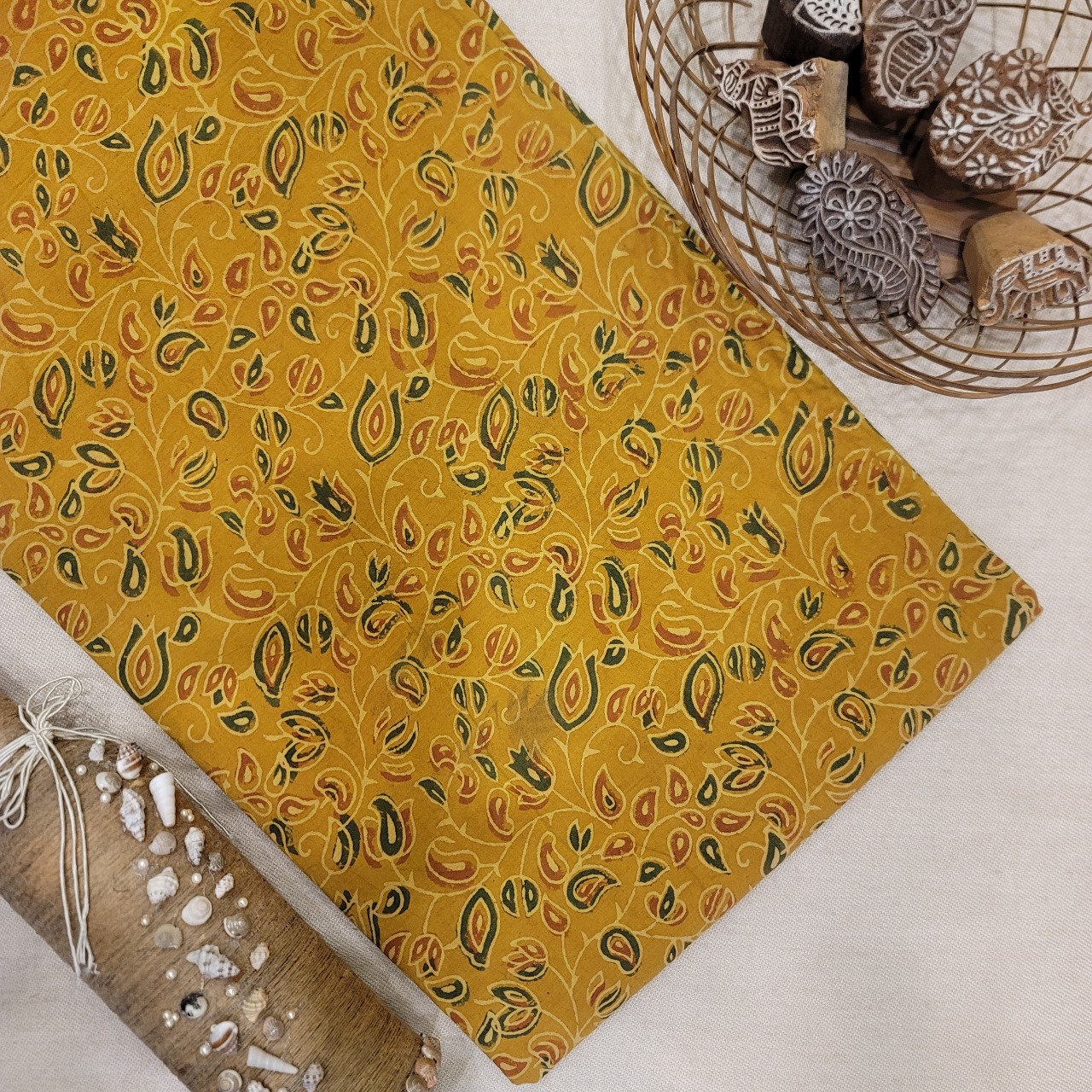 Pure Cotton Hand Block Ajrakh Printed Fabric - Veli - Mustard Yellow