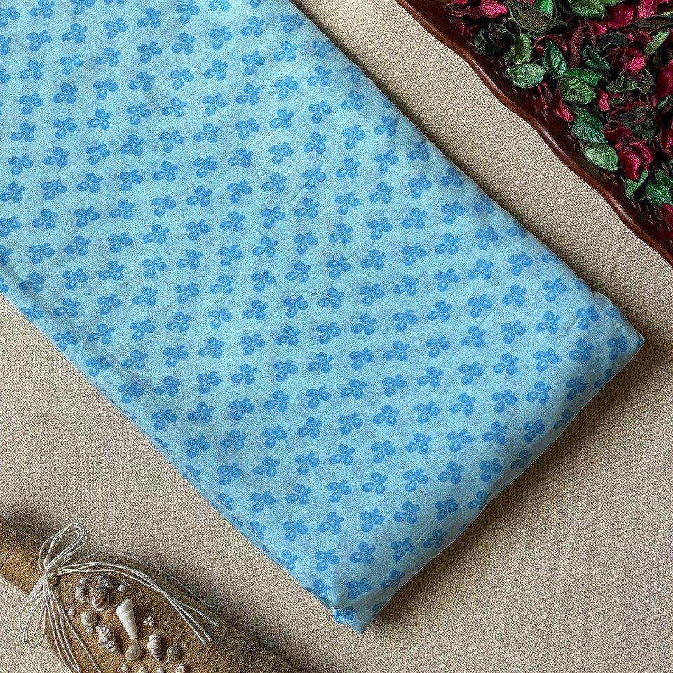 Pure Muslin Printed Fabric – Blue – Small Butti