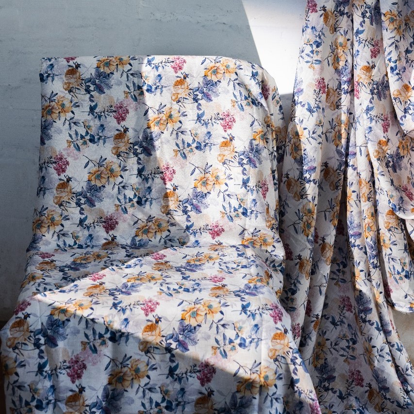 100% Pure European Linen Printed Fabric - Floral - Blue/Indigo/Beige
