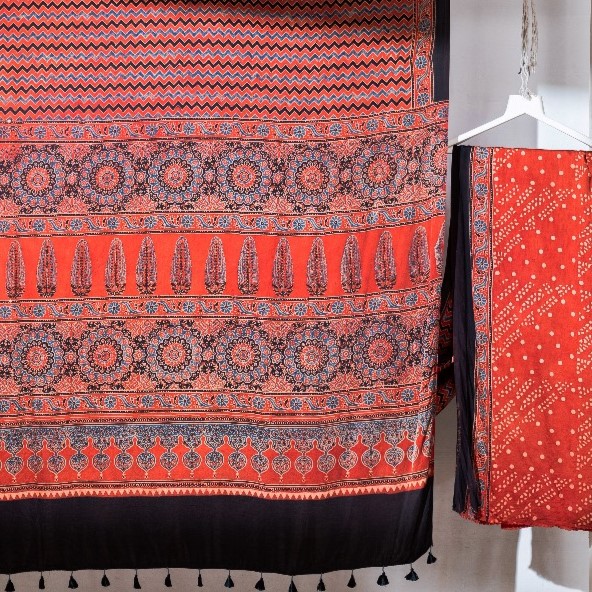 Ajrakh Hand Block Printed Modal Silk Saree