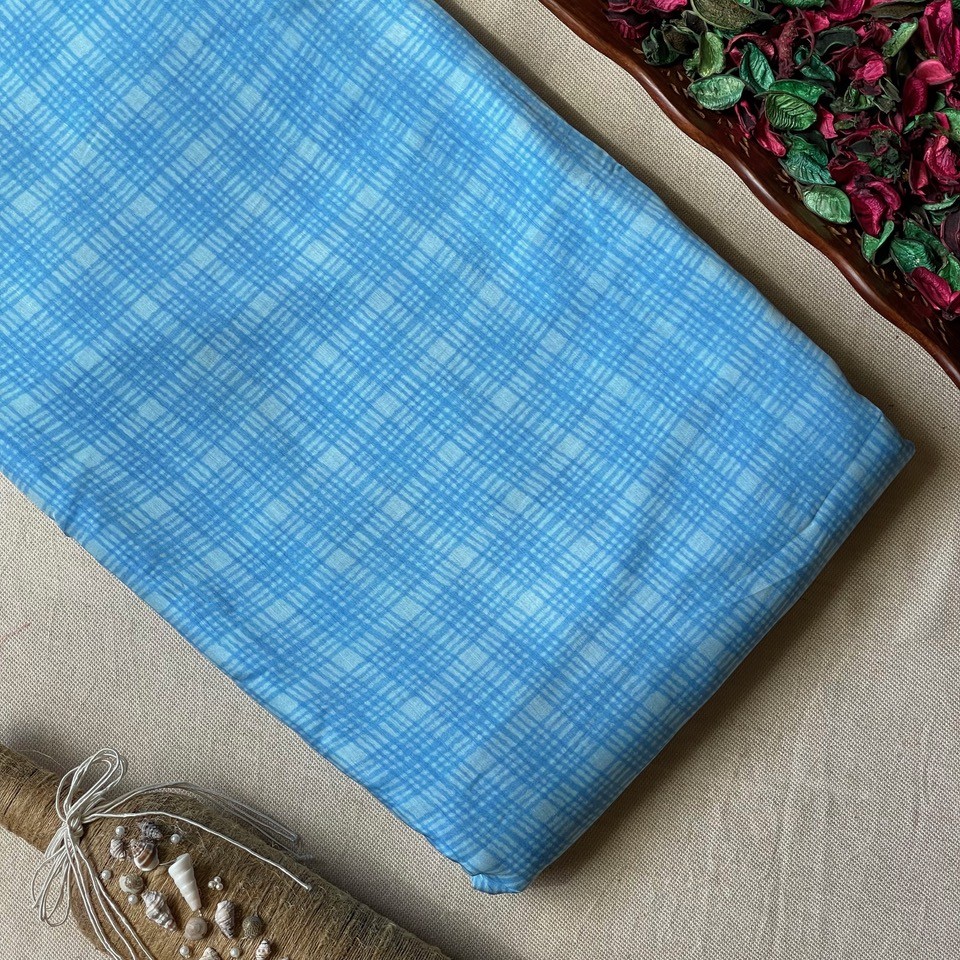 Pure Muslin Printed Fabric – Blue – Checks