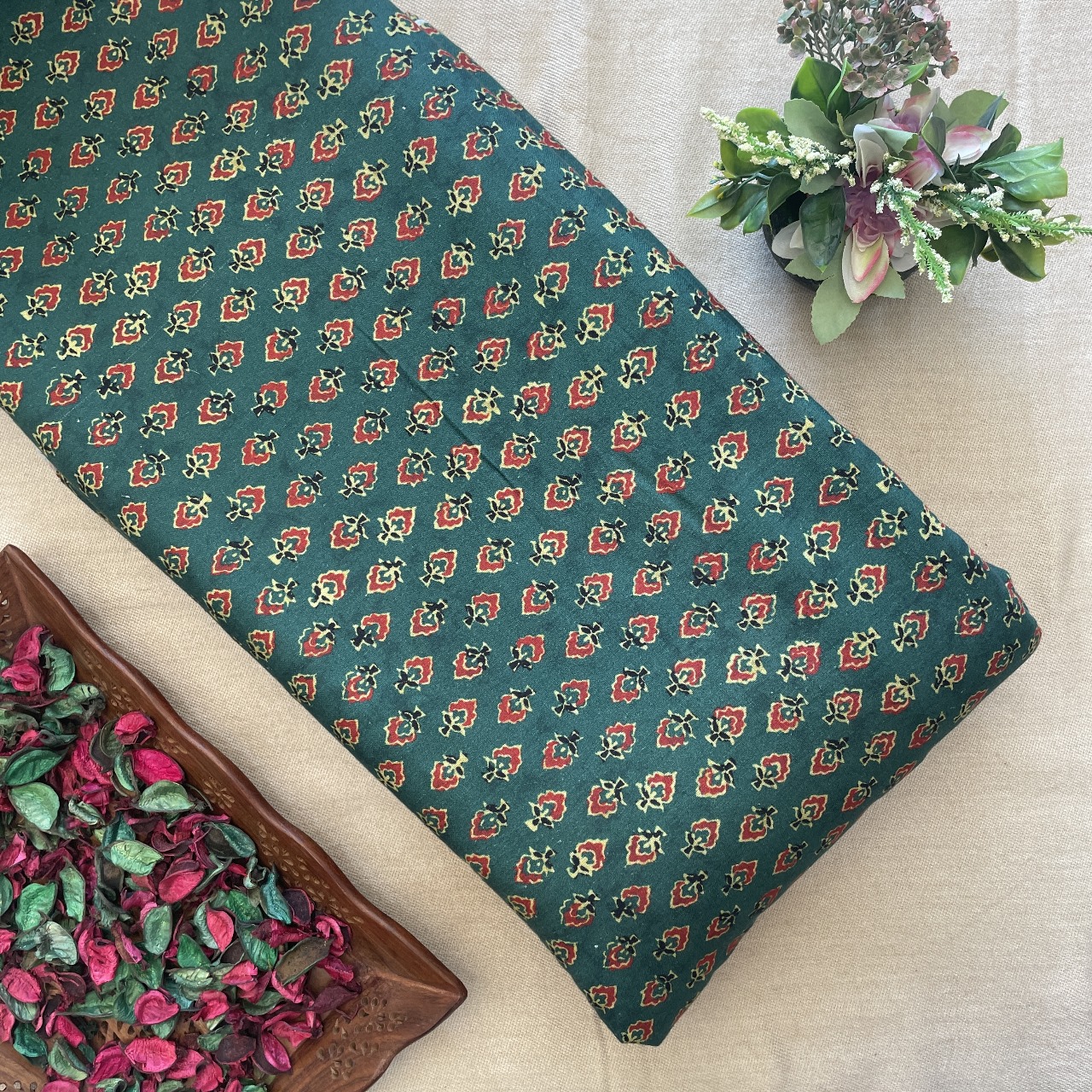 Khadi Cotton Printed Fabric - Green