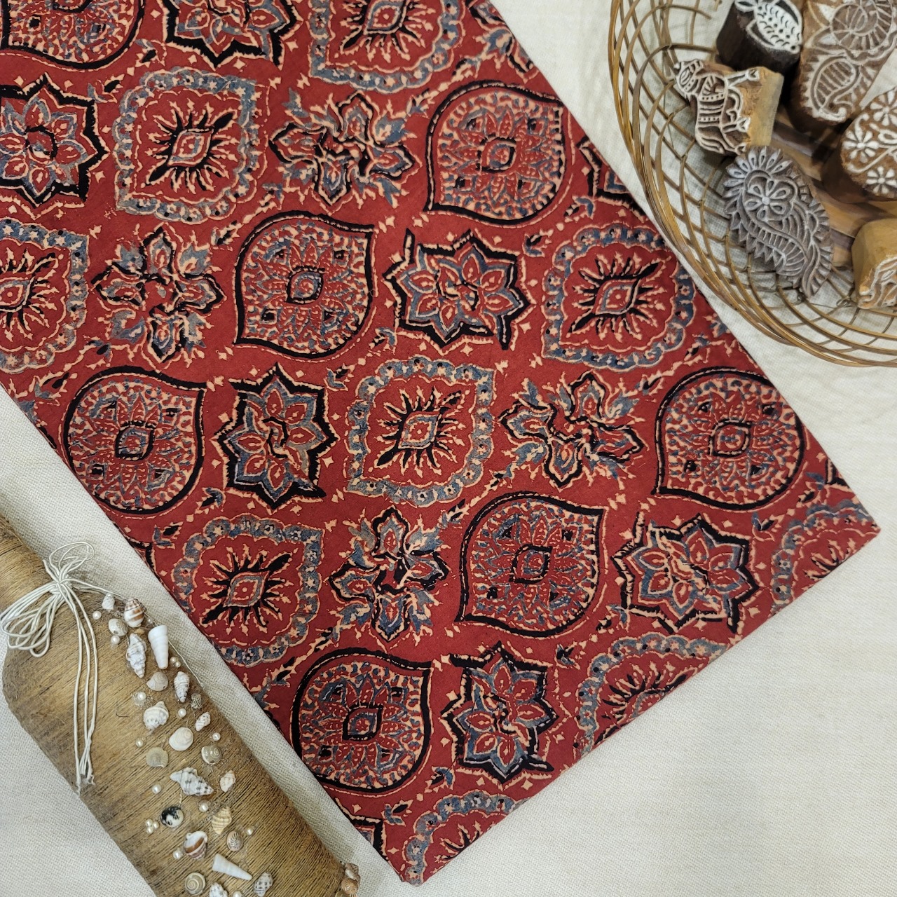Pure Cotton Hand Block Ajrakh Printed Fabric - Badam - Red