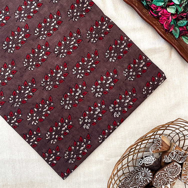 Pure Cotton Hand Block Ajrakh Printed Fabric - Leaves Butta - Brown/Red