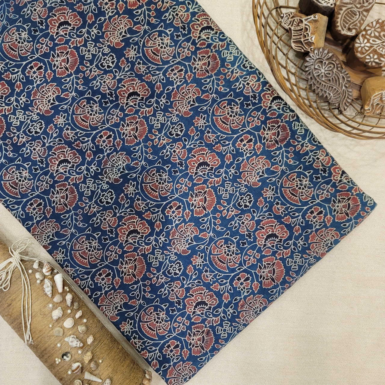 Pure Cotton Hand Block Ajrakh Printed Fabric - Veli - Indigo Blue