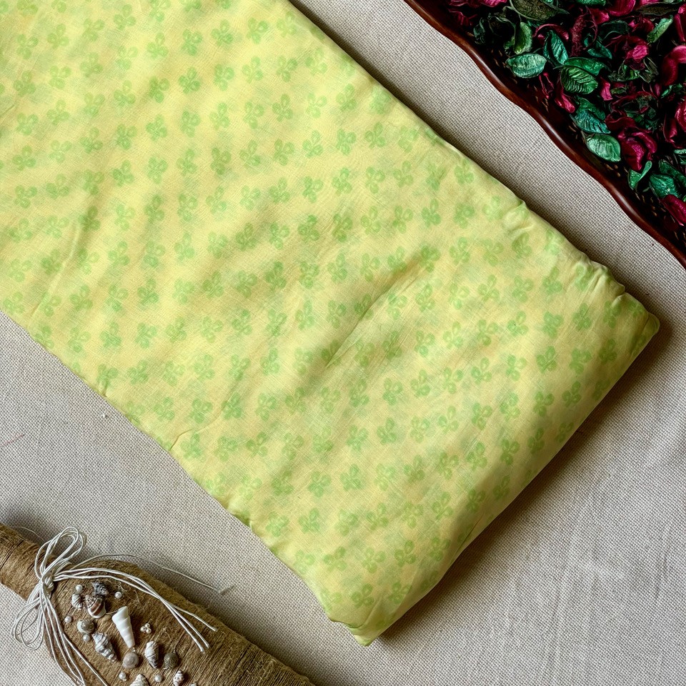 Pure Muslin Printed Fabric – Lemon Yellow – Small Butti