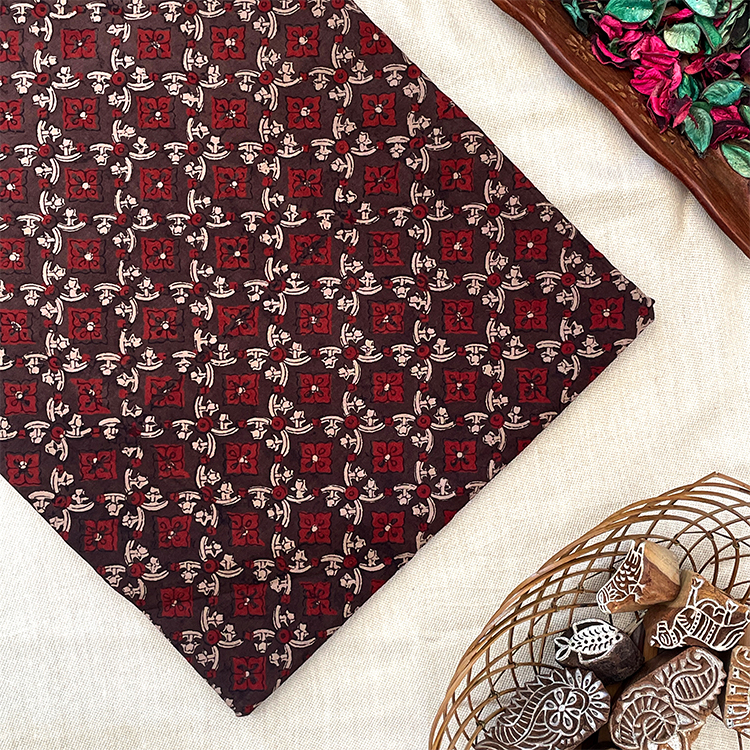 Pure Cotton Hand Block Ajrakh Printed Fabric - Brown/Red