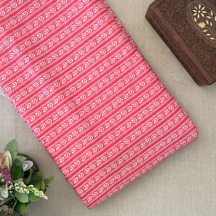 Pure Cotton Printed Fabric - Pink Stripes with shells Sanganeri