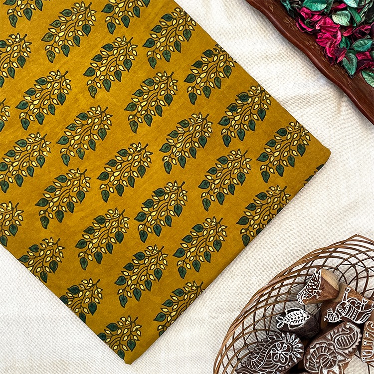 Pure Cotton Hand Block Ajrakh Printed Fabric - Leaves Butta - Mustard Yellow