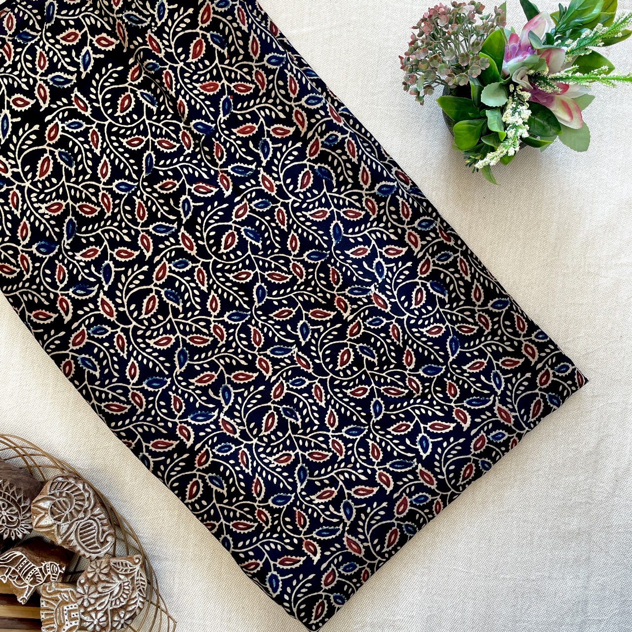 Modal Satin Silk Natural Dye Ajrakh Hand Block Printed Fabric – Black – Red/Blue Leaves (Veli)