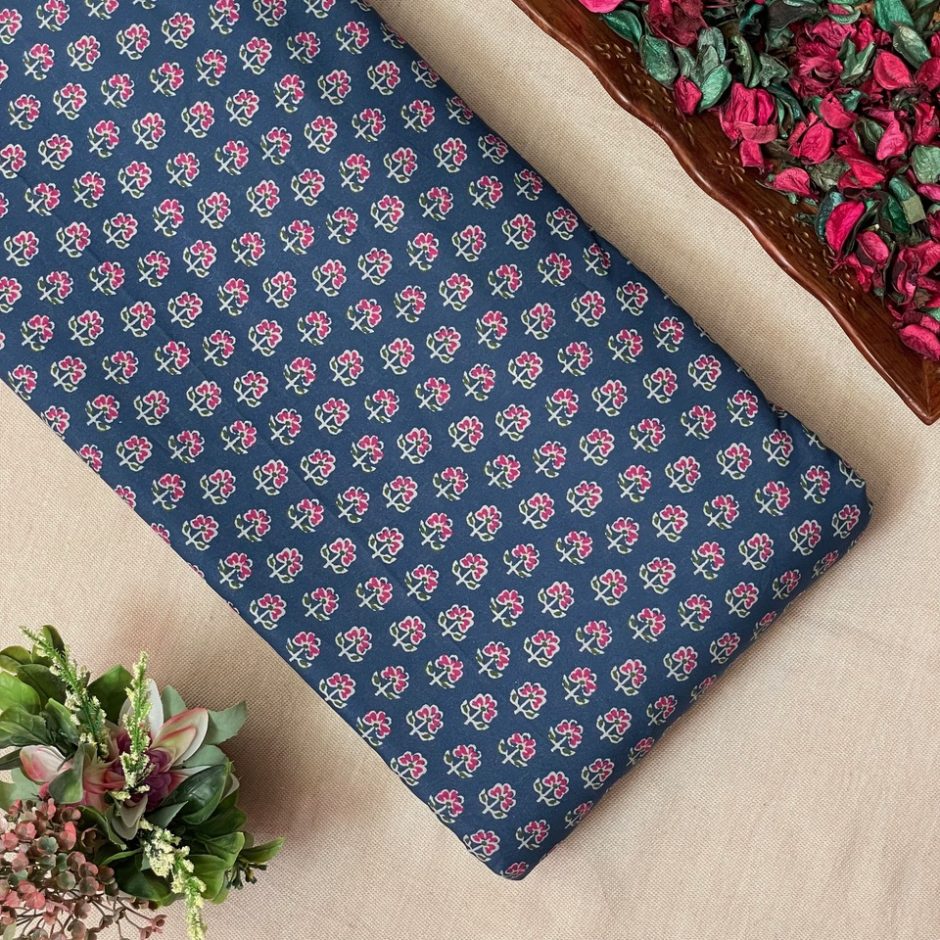 Cotton Lawn Printed Fabric – Small Flower Butti – Blue/Pink