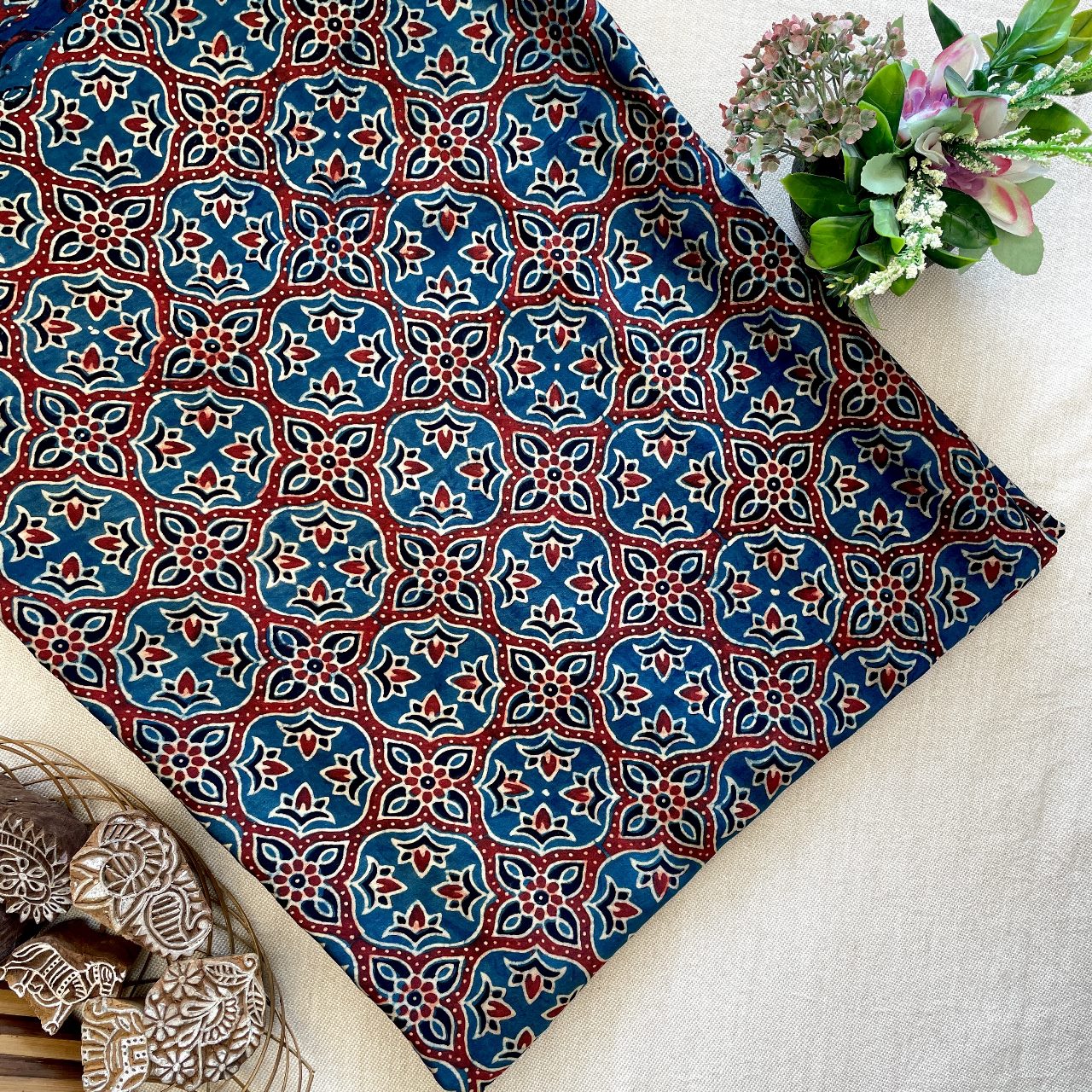 Modal Satin Silk Natural Dye Ajrakh Hand Block Printed Fabric – Indigo – Geometrical