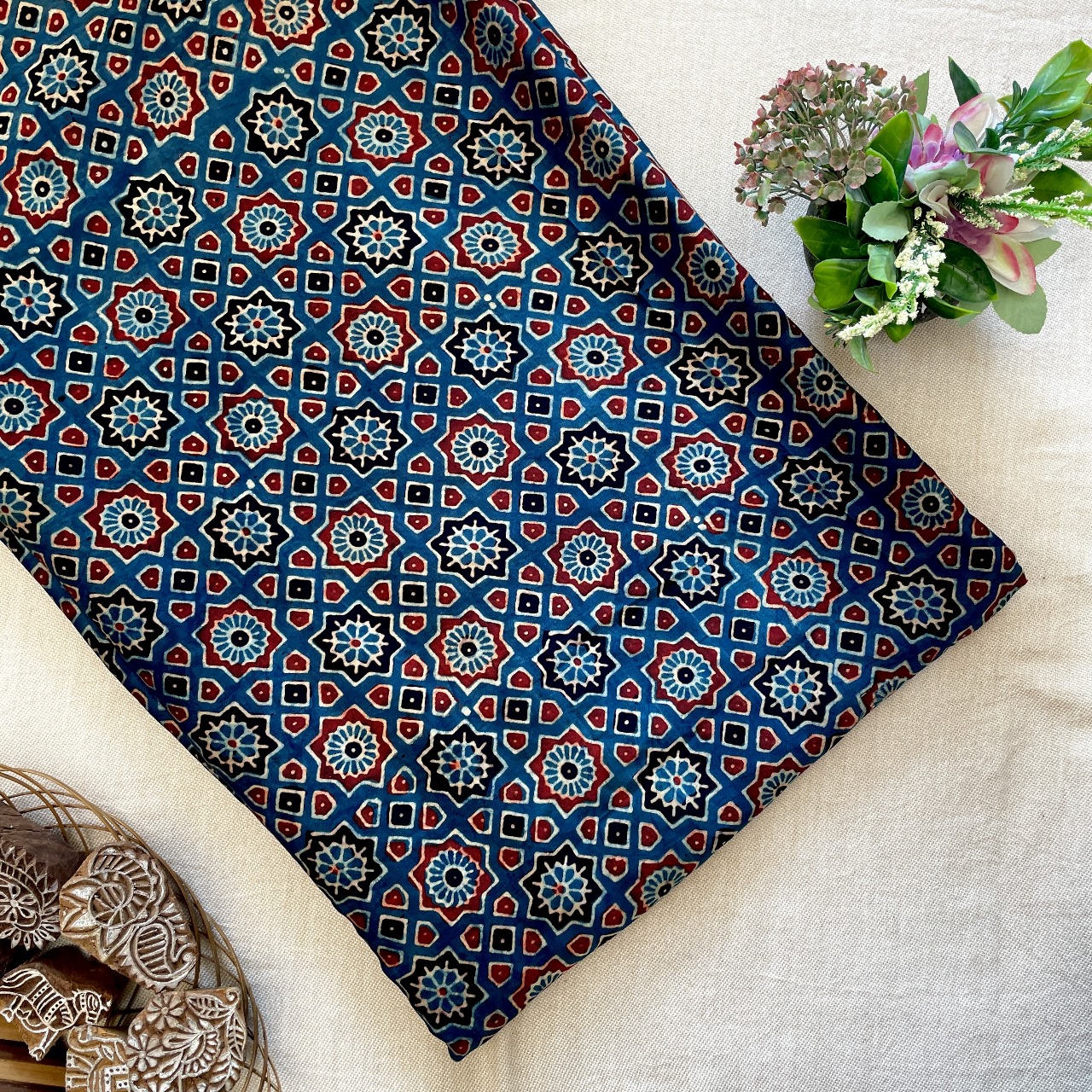 Modal Satin Silk Natural Dye Ajrakh Hand Block Printed Fabric – Indigo/Red – Geometrical/Square