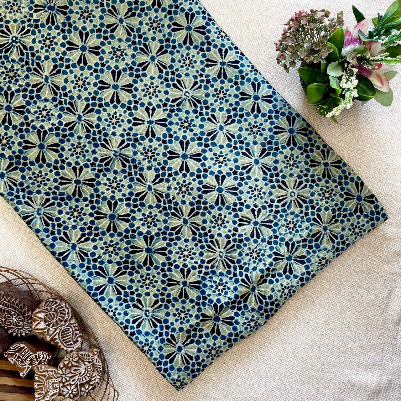 Modal Satin Silk Natural Dye Ajrakh Hand Block Printed Fabric – Indigo/Lemon Yellow – Floral Geometrical