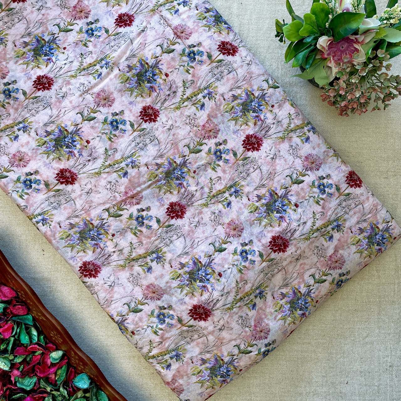 Pure Georgette Printed Fabric - Pink - Floral