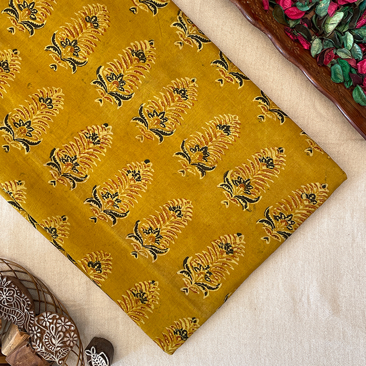 Pure Cotton Hand Block Ajrakh Printed Fabric - Tree Butta - Mustard Yellow