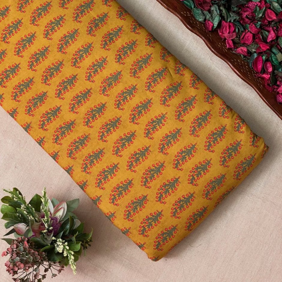 Cotton Lawn Printed Fabric – Flower Butta – Golden Yellow