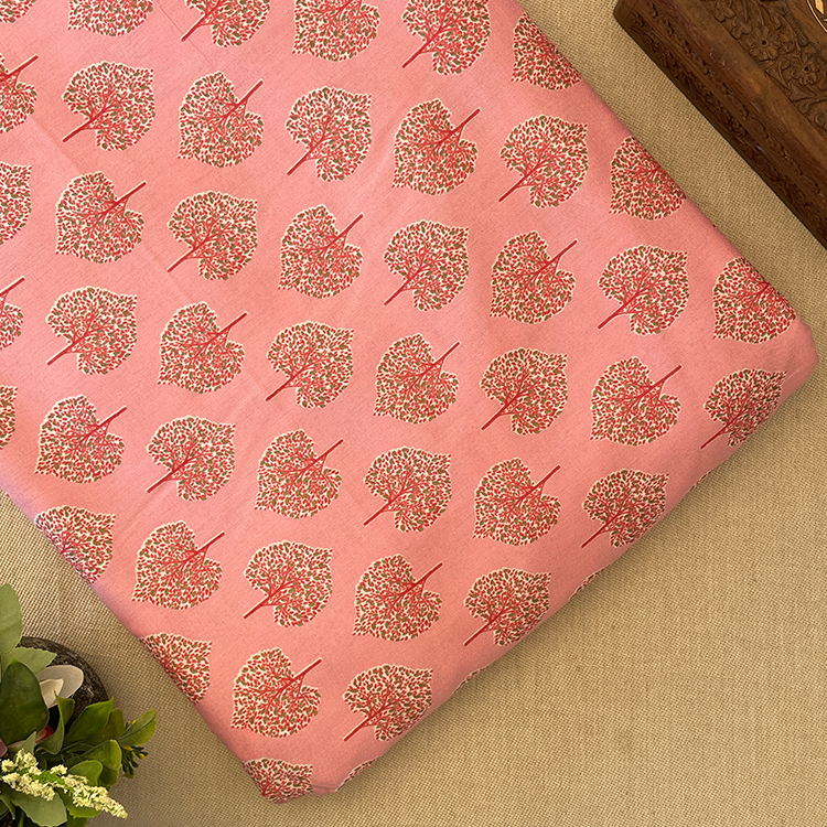 Pure Cotton Printed Fabric - Pink with Tree Butta Sanganeri